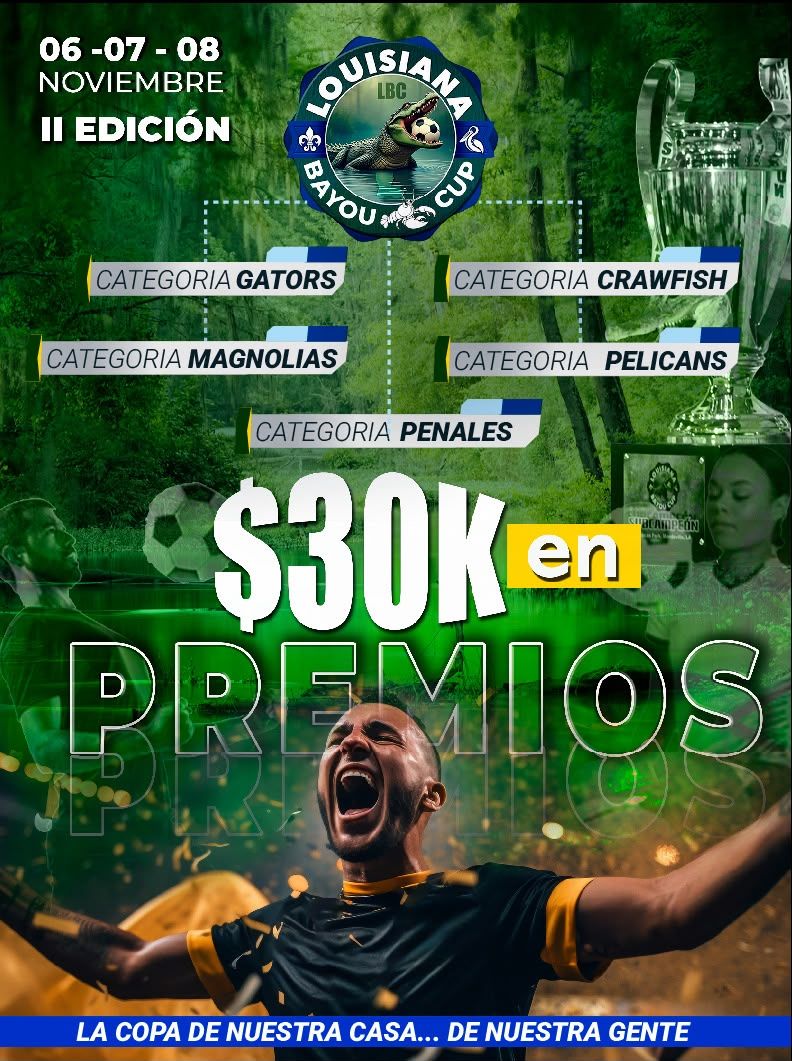 Flyer de categorías: Gators, Crawfish, Magnolias, Pelicans y Penales, $30K en premios
